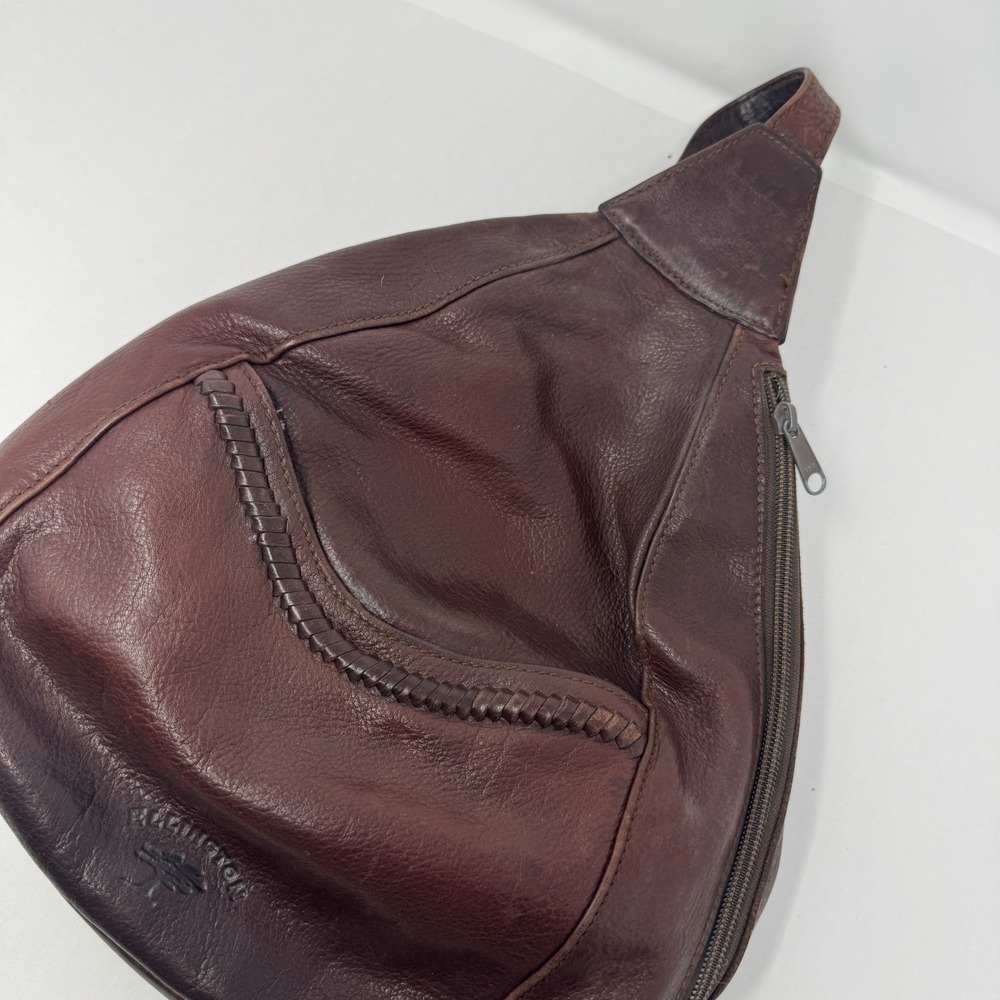 Ellington Brown Leather Sling Backpack Crossbody Bag Tear Drop Braided Trim